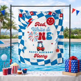 Personalized Red White First Birthday Silk Banner with Custom Name, Patriotic 4th of July Party Backdrop for Baby Boy Retro Celebration Decor