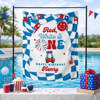 Personalized Red White First Birthday Silk Banner with Custom Name, Patriotic 4th of July Party Backdrop for Baby Boy Retro Celebration Decor