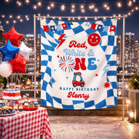 Personalized Red White First Birthday Silk Banner with Custom Name, Patriotic 4th of July Party Backdrop for Baby Boy Retro Celebration Decor