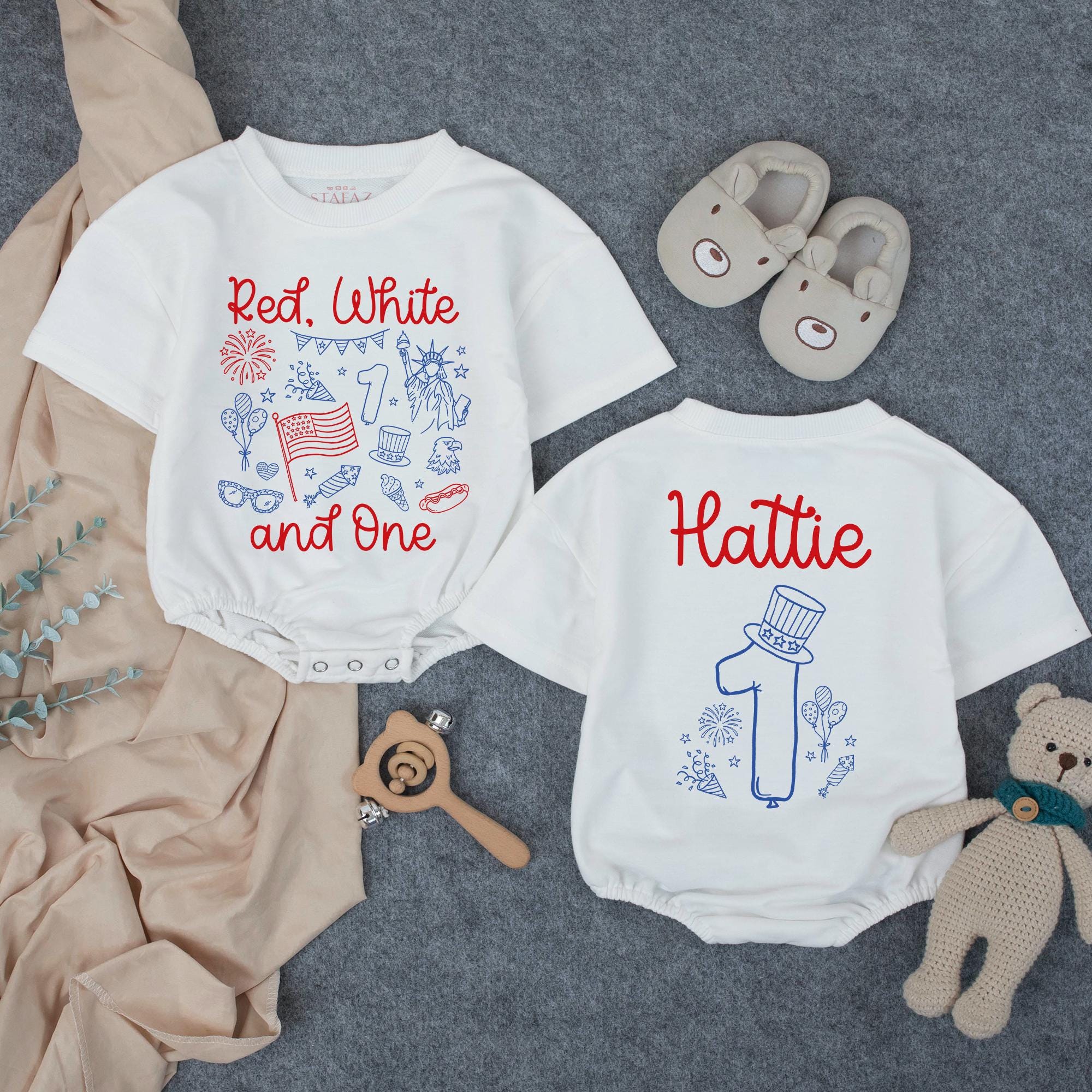 Personalized Red White and One 1st Birthday Outfit for Baby Boy or Girl, Patriotic 4th of July Romper with Custom Name and Festive Design