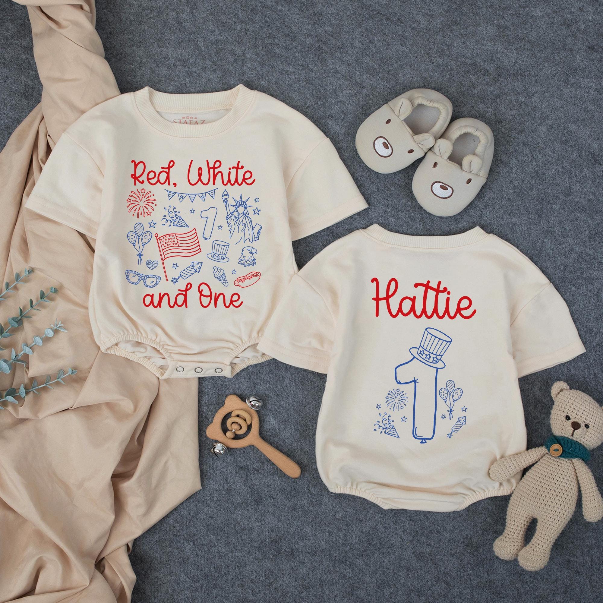 Personalized Red White and One 1st Birthday Outfit for Baby Boy or Girl, Patriotic 4th of July Romper with Custom Name and Festive Design