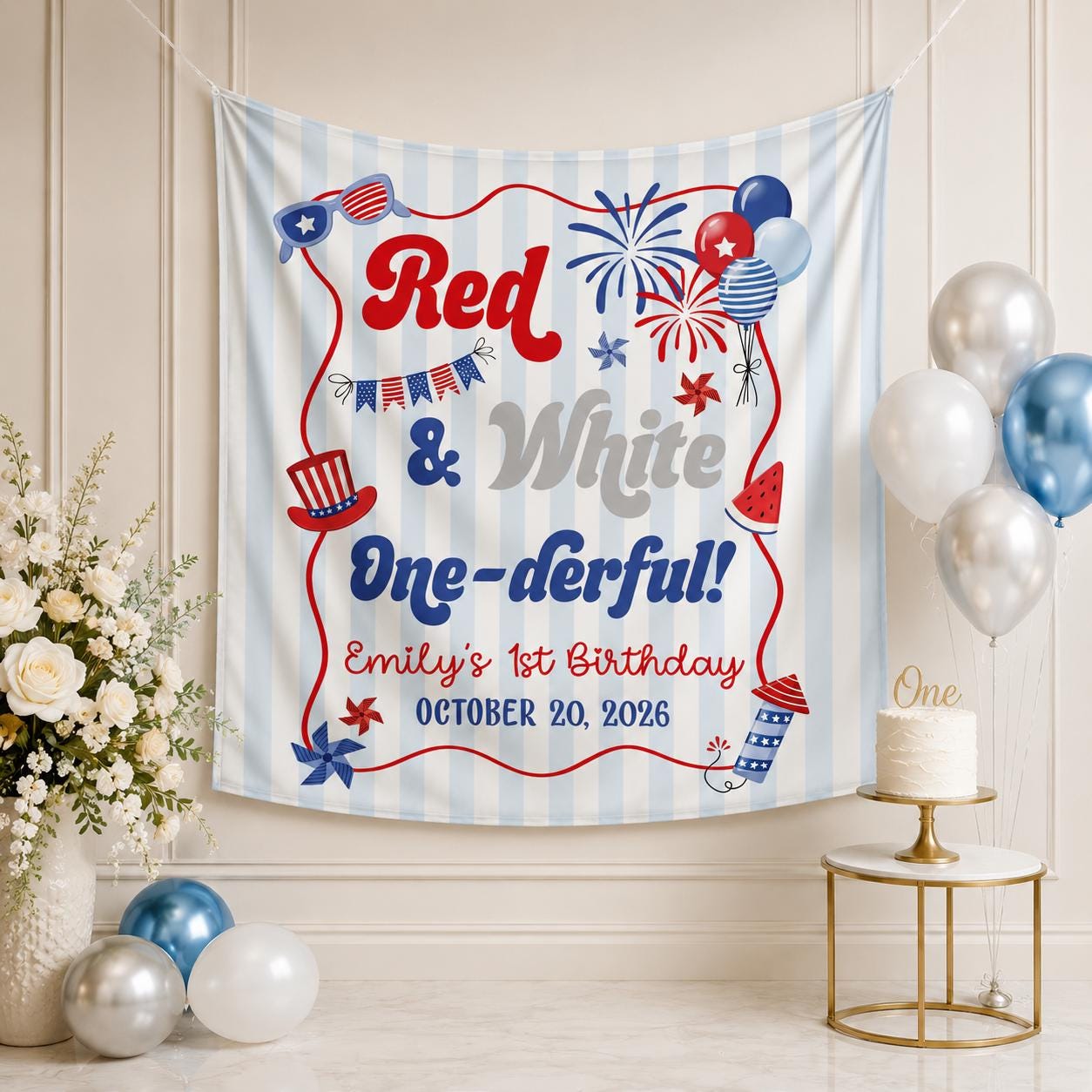 Personalized Red White and Onederful Birthday Banner with Light Blue Stripes Custom USA First Birthday Party Backdrop Patriotic Decor