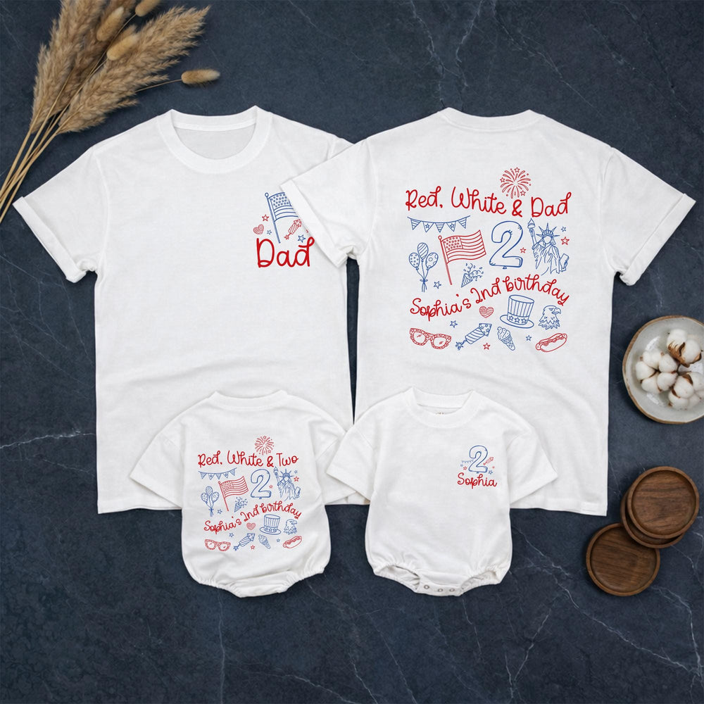 Personalized Red White and Two 2nd Birthday Shirt for Girls with Patriotic Theme Custom Name Outfit for 4th of July Party Celebration