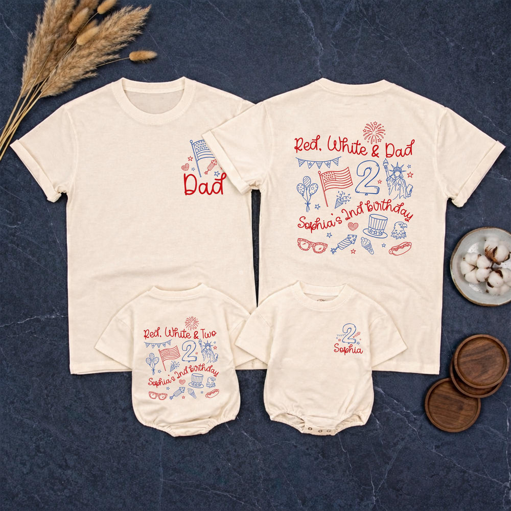 Personalized Red White and Two 2nd Birthday Shirt for Girls with Patriotic Theme Custom Name Outfit for 4th of July Party Celebration