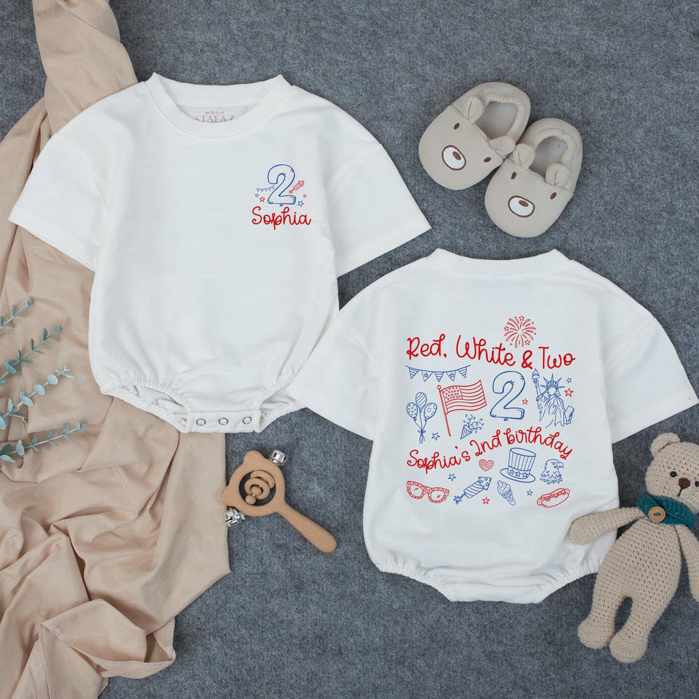 Personalized Red White and Two 2nd Birthday Shirt for Girls with Patriotic Theme Custom Name Outfit for 4th of July Party Celebration