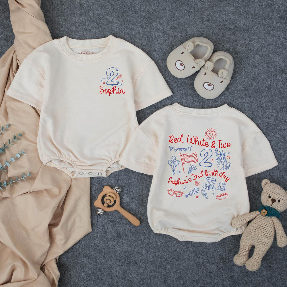 Personalized Red White and Two 2nd Birthday Shirt for Girls with Patriotic Theme Custom Name Outfit for 4th of July Party Celebration