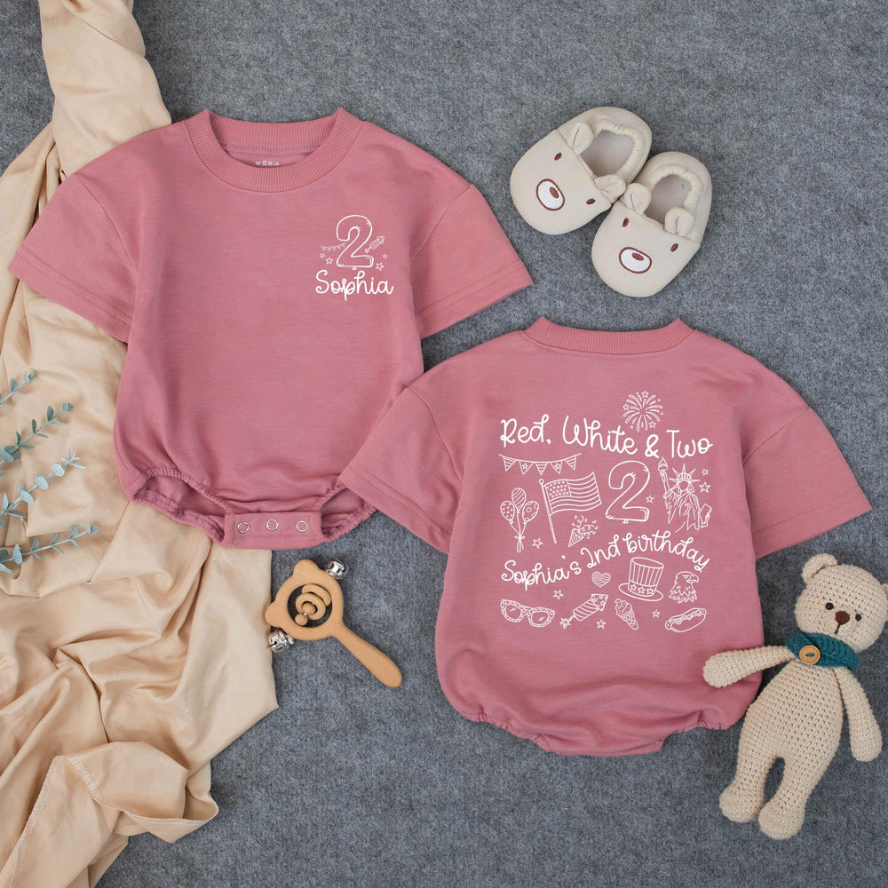 Personalized Red White and Two 2nd Birthday Shirt for Girls with Patriotic Theme Custom Name Outfit for 4th of July Party Celebration