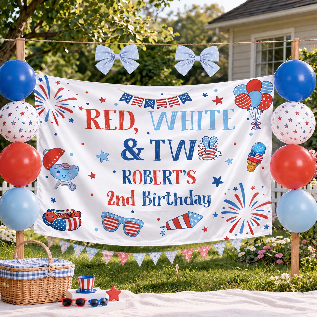Personalized Red White and Two Birthday Banner for Patriotic 2nd Birthday Party, Custom Name Decor with Vibrant Red White Blue Theme