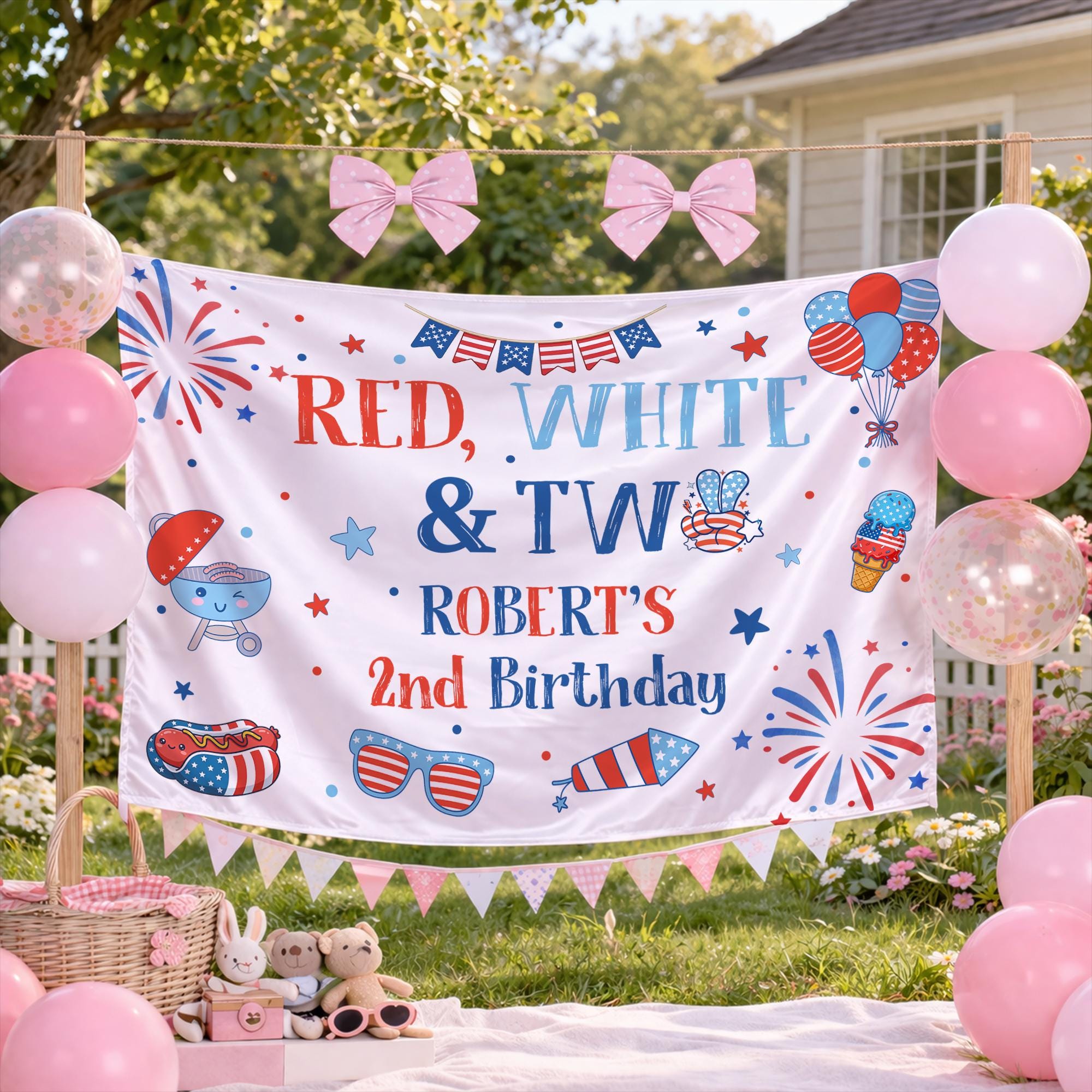 Personalized Red White and Two Birthday Banner for Patriotic 2nd Birthday Party, Custom Name Decor with Vibrant Red White Blue Theme
