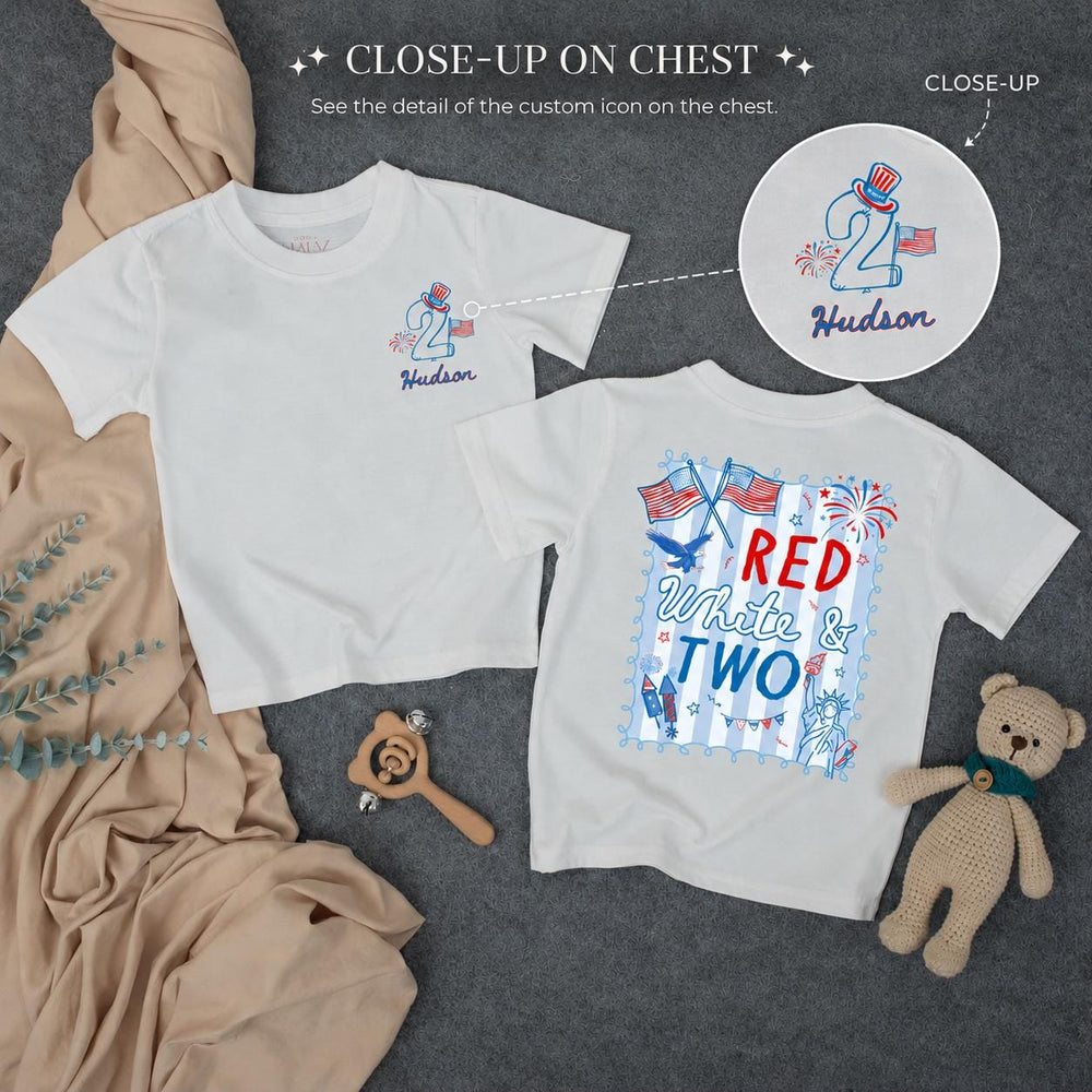 Personalized Red White and Two Birthday Shirt for Boys, Custom Toddler 2nd Birthday Tee with Name Hudson, Patriotic July 4th Outfit