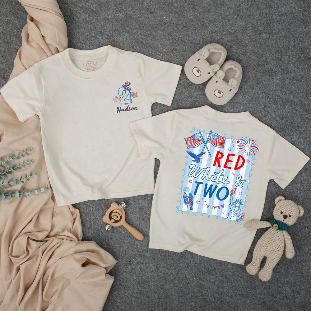 Personalized Red White and Two Birthday Shirt for Boys, Custom Toddler 2nd Birthday Tee with Name Hudson, Patriotic July 4th Outfit