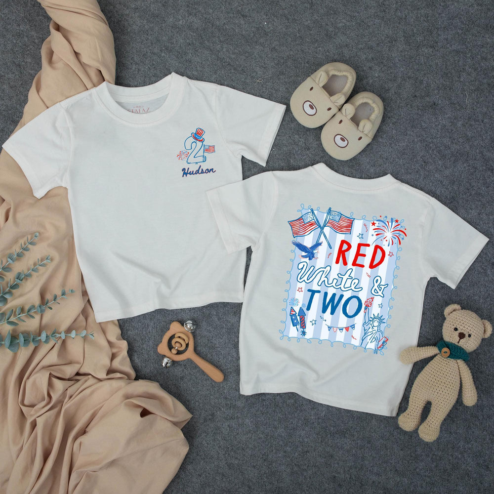 Personalized Red White and Two Birthday Shirt for Boys, Custom Toddler 2nd Birthday Tee with Name Hudson, Patriotic July 4th Outfit