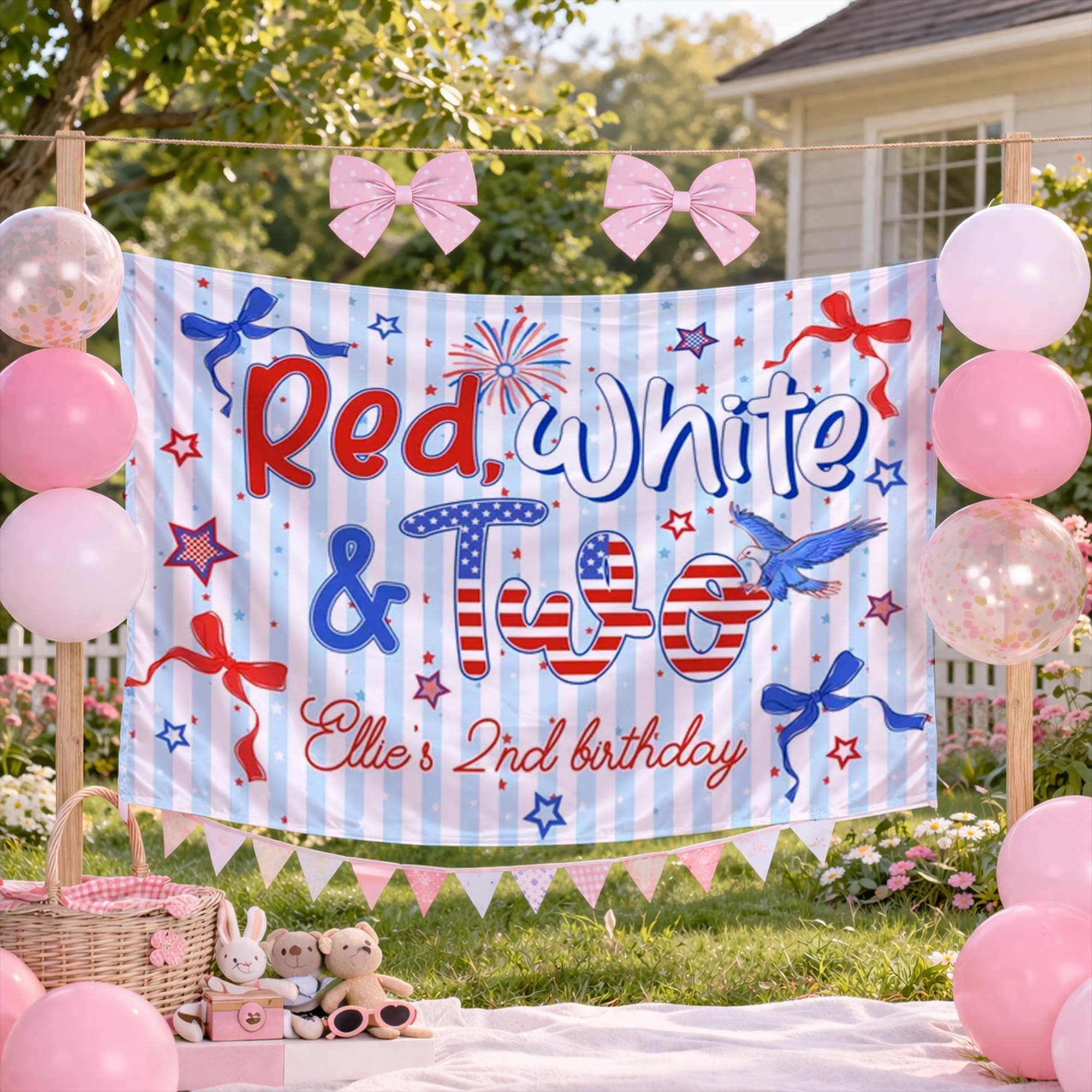 Personalized Red White and Two Second Birthday Girl Outfit and Banner, Patriotic Toddler Shirt Party Decor Custom Name Celebration Set