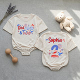 Personalized Red White and Two Second Birthday Girl Outfit and Banner, Patriotic Toddler Shirt Party Decor Custom Name Celebration Set
