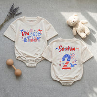 Personalized Red White and Two Second Birthday Girl Outfit and Banner, Patriotic Toddler Shirt Party Decor Custom Name Celebration Set