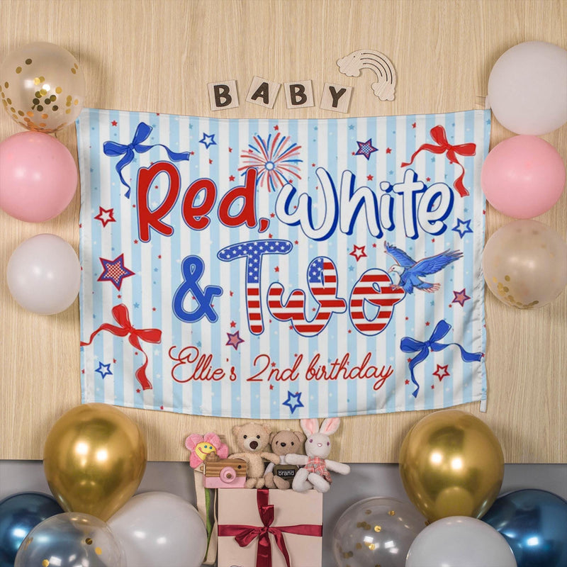 Personalized Red White and Two Second Birthday Girl Outfit and Banner, Patriotic Toddler Shirt Party Decor Custom Name Celebration Set