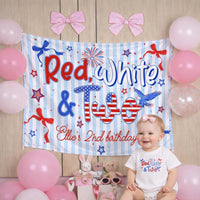 Personalized Red White and Two Second Birthday Girl Outfit and Banner, Patriotic Toddler Shirt Party Decor Custom Name Celebration Set