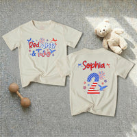 Personalized Red White and Two Second Birthday Girl Outfit and Banner, Patriotic Toddler Shirt Party Decor Custom Name Celebration Set