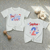 Personalized Red White and Two Second Birthday Girl Outfit and Banner, Patriotic Toddler Shirt Party Decor Custom Name Celebration Set