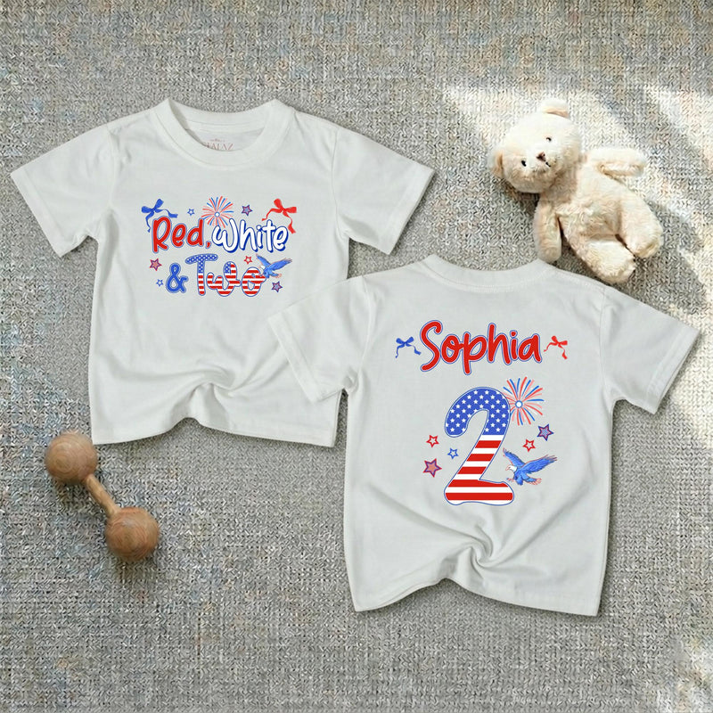 Personalized Red White and Two Second Birthday Girl Outfit and Banner, Patriotic Toddler Shirt Party Decor Custom Name Celebration Set