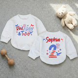 Personalized Red White and Two Second Birthday Girl Outfit and Banner, Patriotic Toddler Shirt Party Decor Custom Name Celebration Set