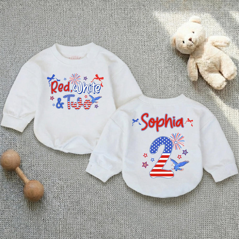 Personalized Red White and Two Second Birthday Girl Outfit and Banner, Patriotic Toddler Shirt Party Decor Custom Name Celebration Set