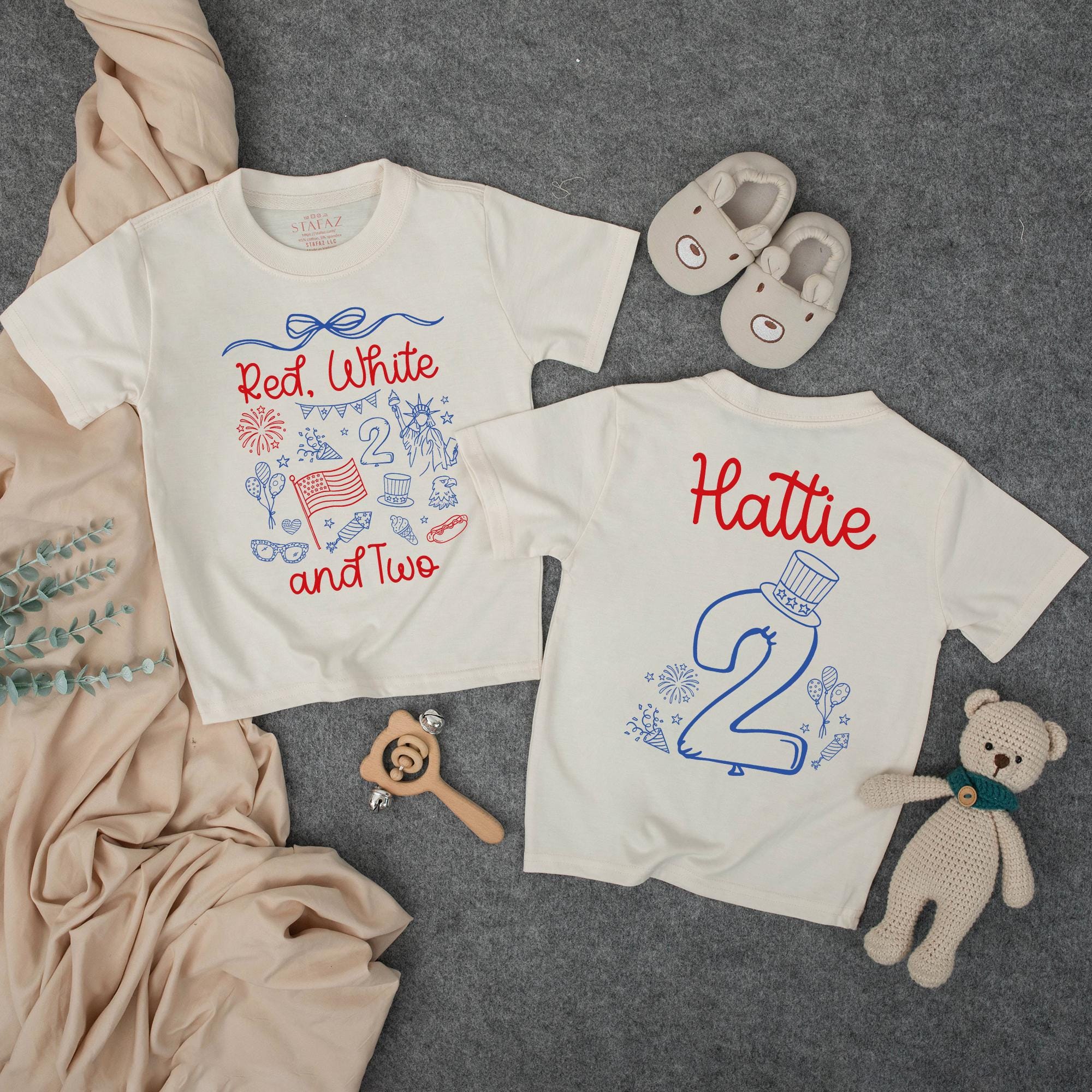 Personalized Red White and Two Toddler Birthday Shirt with Name, 2nd Birthday Outfit for July 4th Party, Cute Patriotic Doodle Design