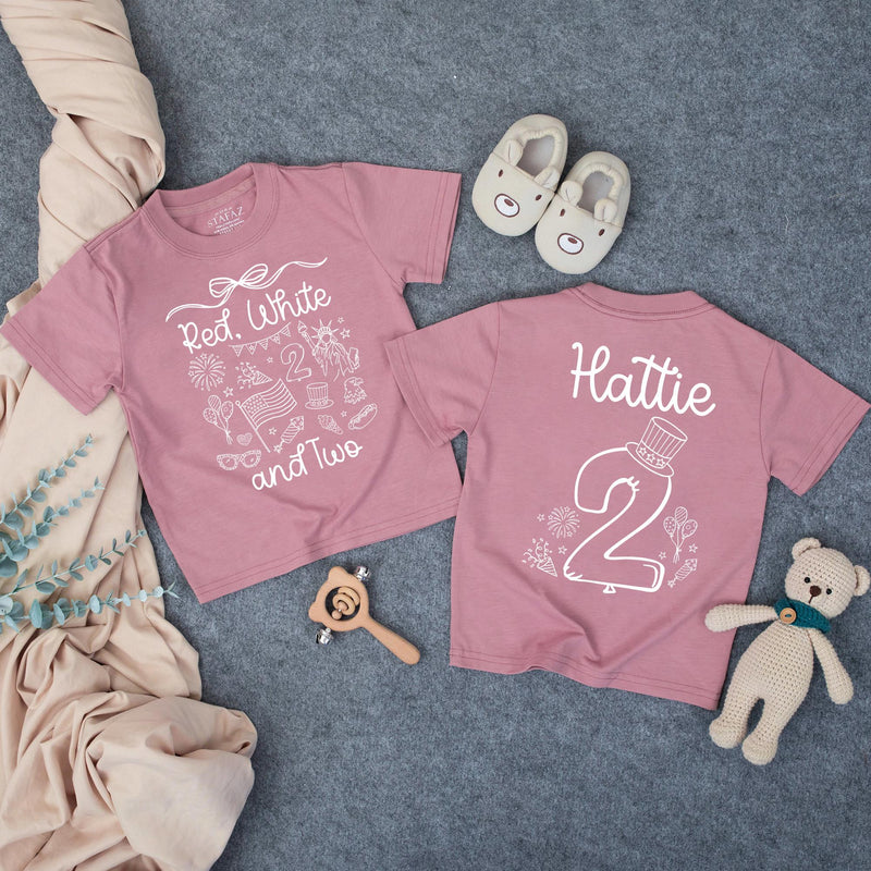 Personalized Red White and Two Toddler Birthday Shirt with Name, 2nd Birthday Outfit for July 4th Party, Cute Patriotic Doodle Design