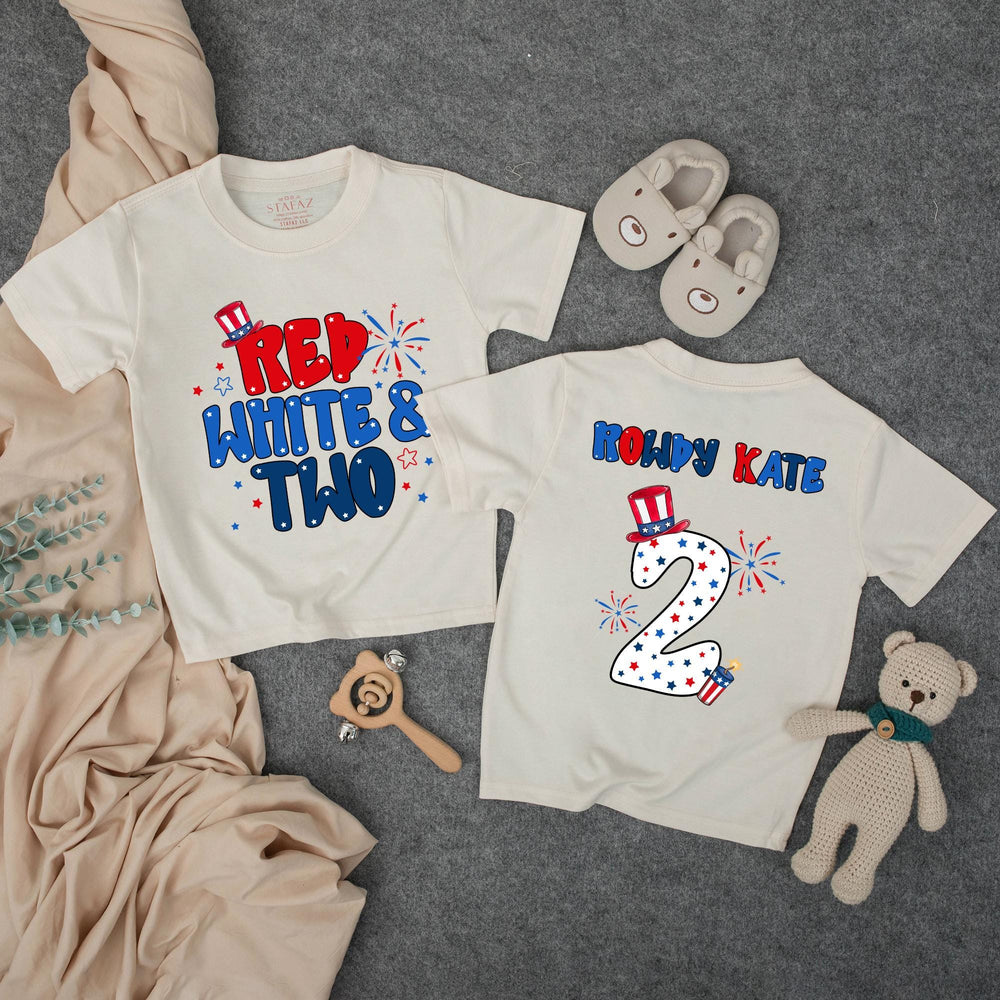 Personalized Red White and Two Toddler Birthday Shirt with Patriotic Hat and Stars, Festive 4th of July Second Birthday Outfit for Boys or Girls