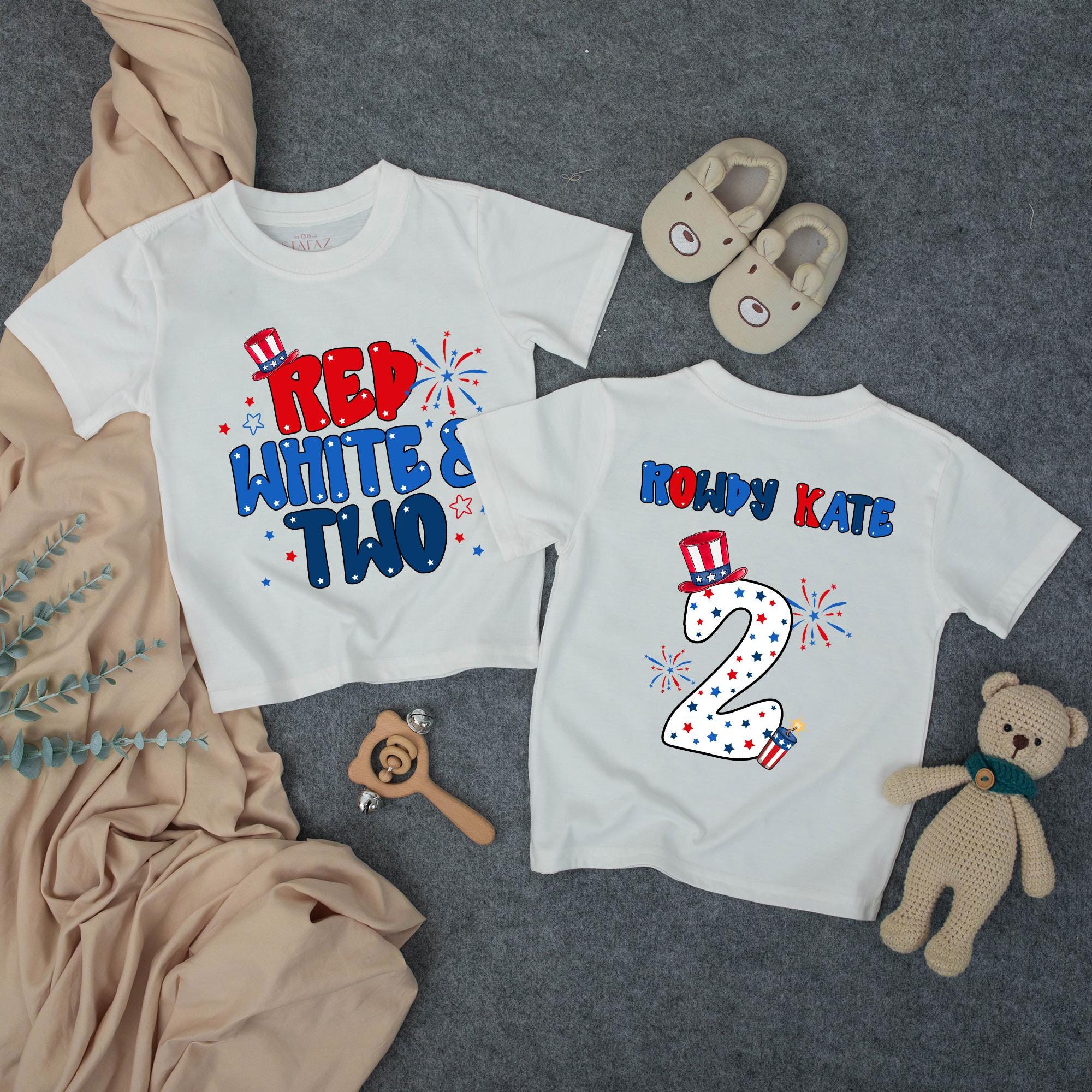 Personalized Red White and Two Toddler Birthday Shirt with Patriotic Hat and Stars, Festive 4th of July Second Birthday Outfit for Boys or Girls