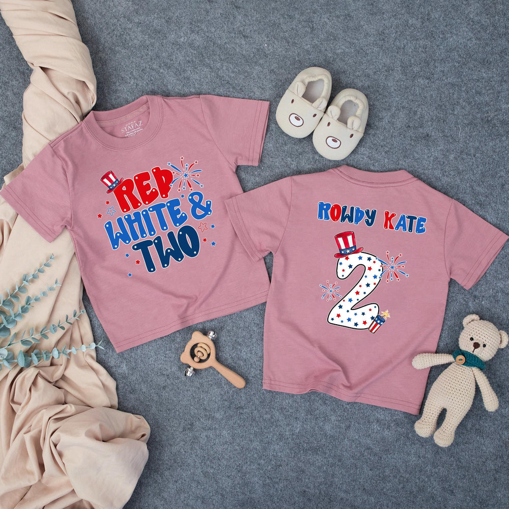 Personalized Red White and Two Toddler Birthday Shirt with Patriotic Hat and Stars, Festive 4th of July Second Birthday Outfit for Boys or Girls