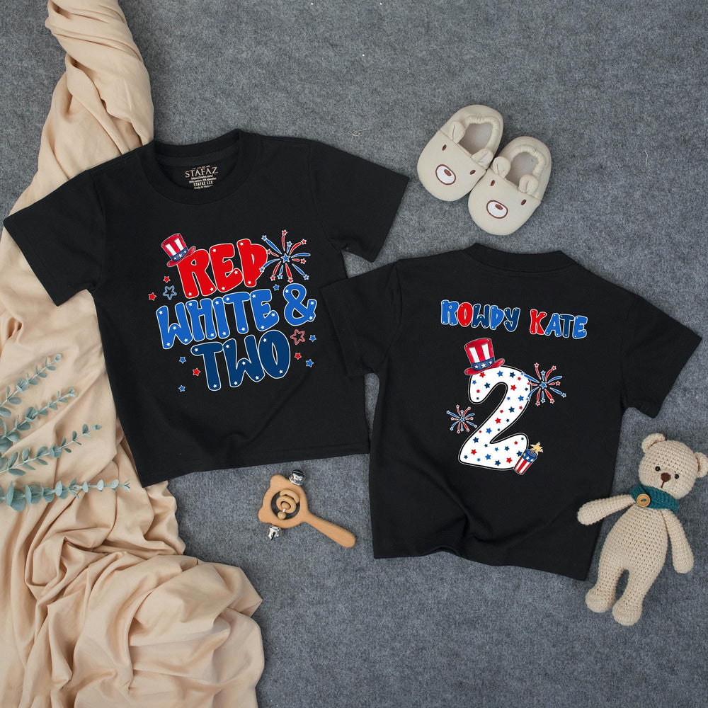 Personalized Red White and Two Toddler Birthday Shirt with Patriotic Hat and Stars, Festive 4th of July Second Birthday Outfit for Boys or Girls
