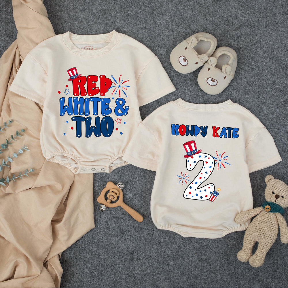 Personalized Red White and Two Toddler Birthday Shirt with Patriotic Hat and Stars, Festive 4th of July Second Birthday Outfit for Boys or Girls