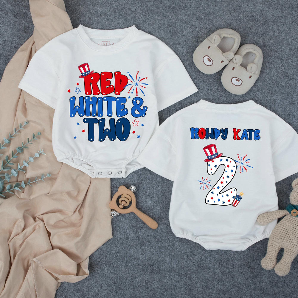 Personalized Red White and Two Toddler Birthday Shirt with Patriotic Hat and Stars, Festive 4th of July Second Birthday Outfit for Boys or Girls
