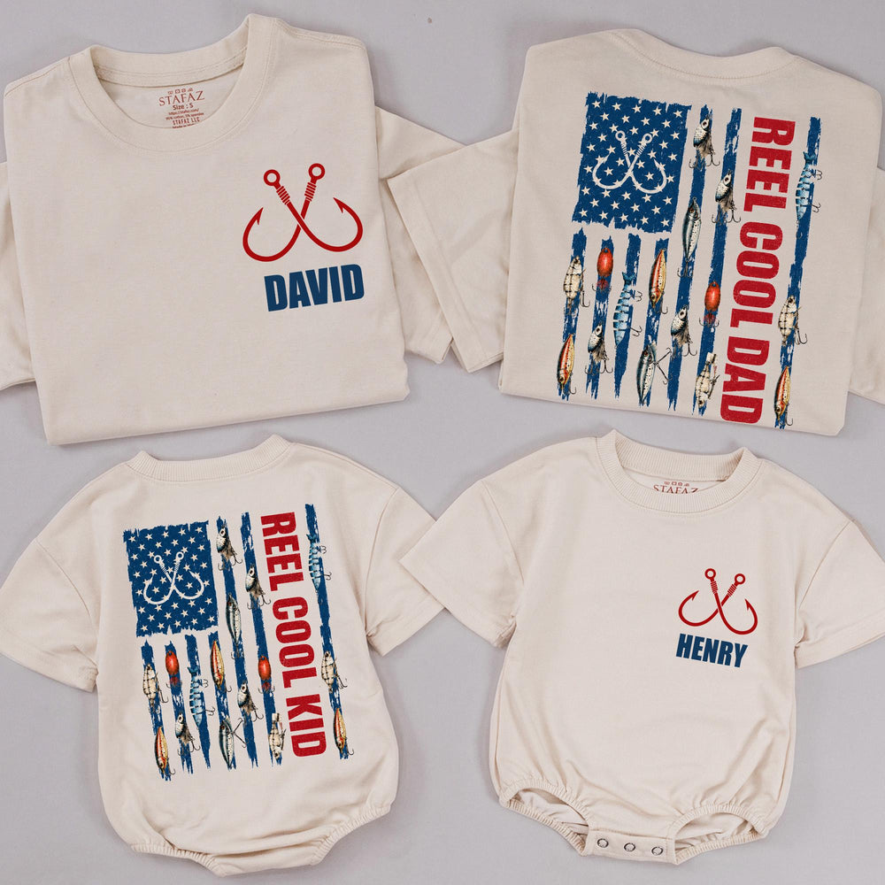 Personalized Reel Cool Dad and Kid Shirts with American Flag Fishing Design, Custom Name Patriotic Father Son Gift for 4th of July Fun
