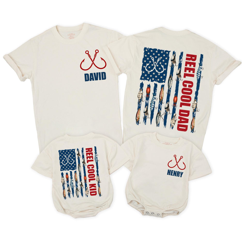 Personalized Reel Cool Dad and Kid Shirts with American Flag Fishing Design, Custom Name Patriotic Father Son Gift for 4th of July Fun
