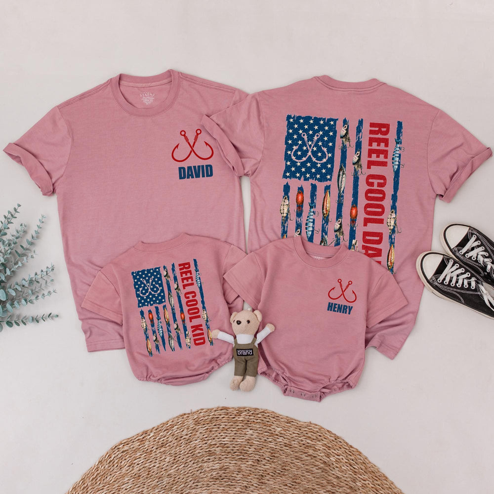 Personalized Reel Cool Dad and Kid Shirts with American Flag Fishing Design, Custom Name Patriotic Father Son Gift for 4th of July Fun