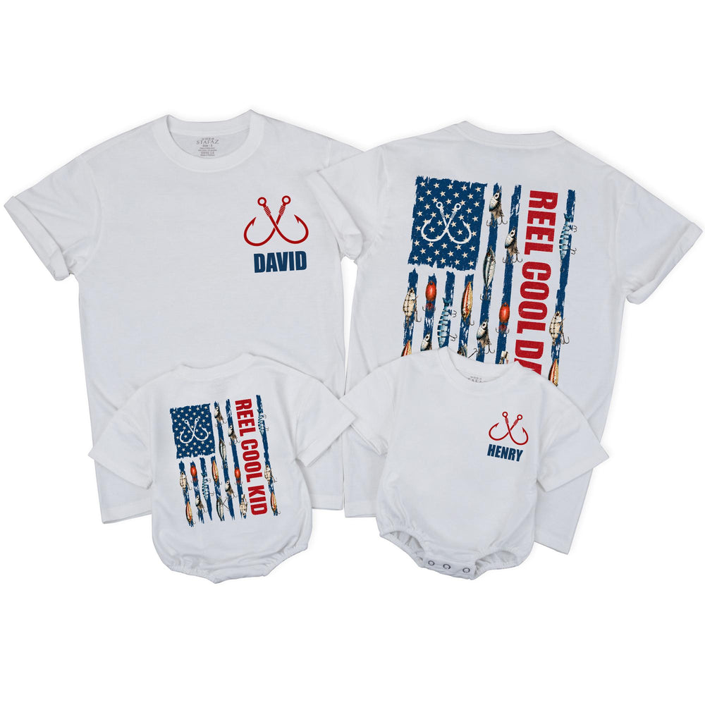 Personalized Reel Cool Dad and Kid Shirts with American Flag Fishing Design, Custom Name Patriotic Father Son Gift for 4th of July Fun