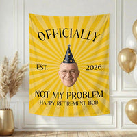 Personalized Retirement Party Silk Banner with Custom Photo and Text, Funny Yellow Sunburst Design, Happy Retirement Decorations
