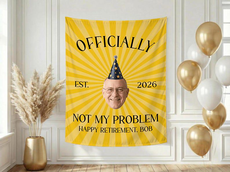 Personalized Retirement Party Silk Banner with Custom Photo and Text, Funny Yellow Sunburst Design, Happy Retirement Decorations