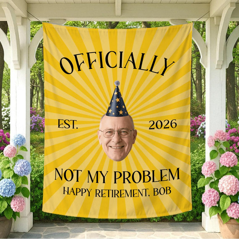 Personalized Retirement Party Silk Banner with Custom Photo and Text, Funny Yellow Sunburst Design, Happy Retirement Decorations