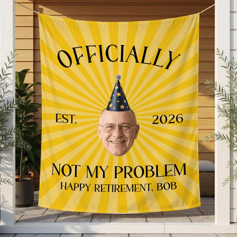 Personalized Retirement Party Silk Banner with Custom Photo and Text, Funny Yellow Sunburst Design, Happy Retirement Decorations