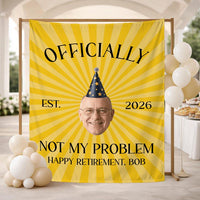 Personalized Retirement Party Silk Banner with Custom Photo and Text, Funny Yellow Sunburst Design, Happy Retirement Decorations
