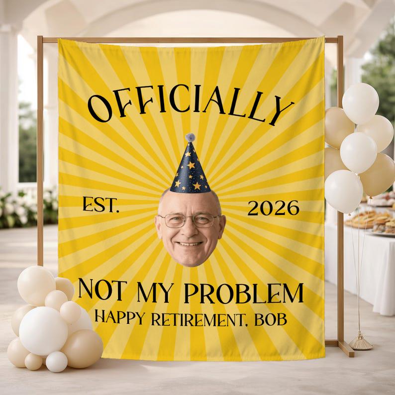 Personalized Retirement Party Silk Banner with Custom Photo and Text, Funny Yellow Sunburst Design, Happy Retirement Decorations