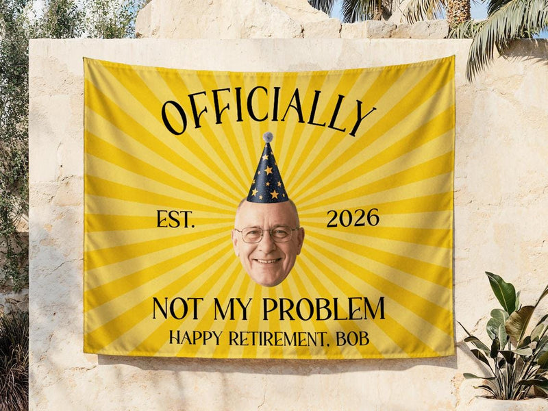 Personalized Retirement Party Silk Banner with Custom Photo and Text, Funny Yellow Sunburst Design, Happy Retirement Decorations
