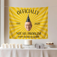 Personalized Retirement Party Silk Banner with Custom Photo and Text, Funny Yellow Sunburst Design, Happy Retirement Decorations