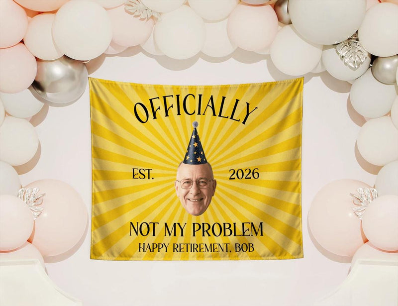 Personalized Retirement Party Silk Banner with Custom Photo and Text, Funny Yellow Sunburst Design, Happy Retirement Decorations