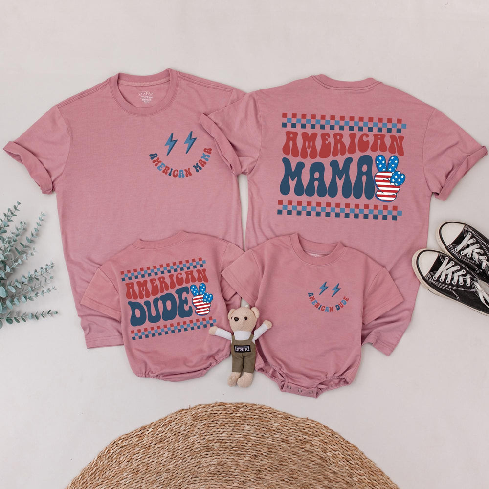 Personalized Retro 4th of July Matching Family Shirts American Mama or Dude Custom Independence Day Outfits Patriotic Baby Clothes