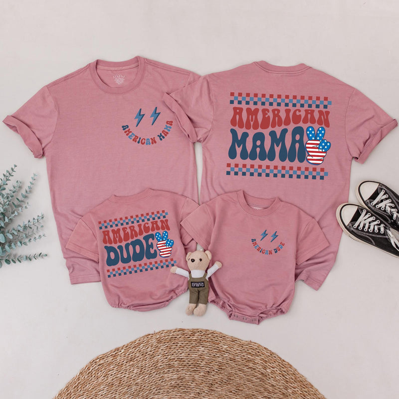 Personalized Retro 4th of July Matching Family Shirts American Mama or Dude Custom Independence Day Outfits Patriotic Baby Clothes