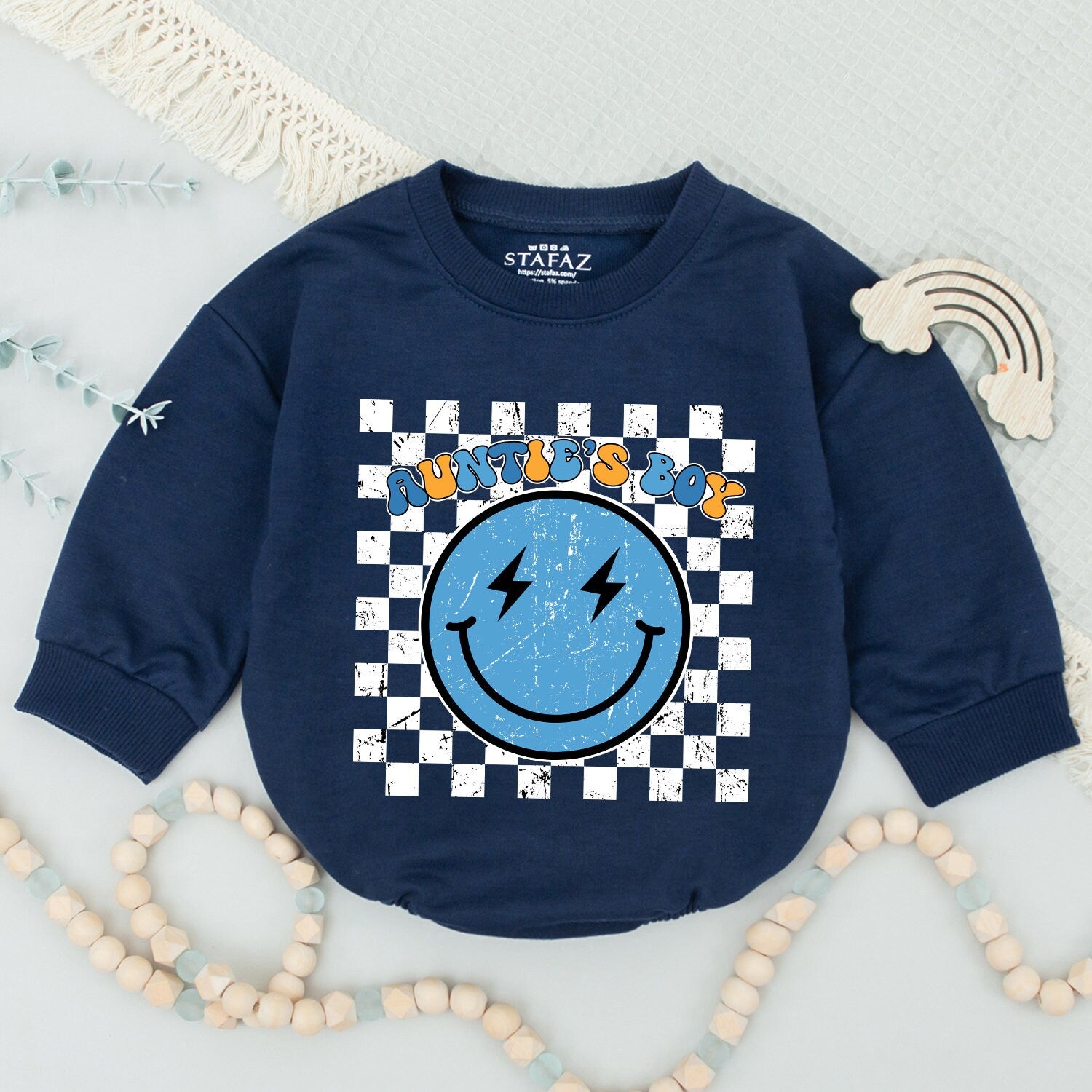 Personalized Retro Auntie and Nephew Sweatshirts Blue Smiley Face Checkerboard Design Soft Cotton Baby Shower Gift Custom Family Outfits